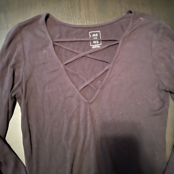 Black Long Sleeve Top with Criss Cross V Neck, Size XS - Picture 2 of 4